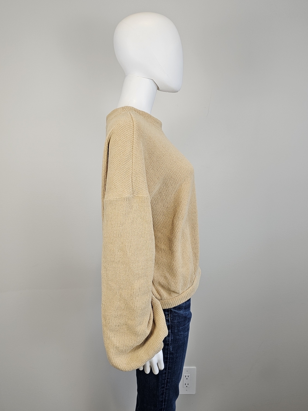 Free People Beach Tan Scoop Neck Lantern Sleeve Sweater Sz M - Picture 3 of 9